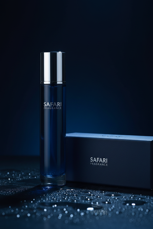 Amber Oud Elixir navy blue tall cylinder perfume bottle with Safari Fragrance branding