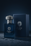 Black Musk Noir navy blue vintage apothecary square perfume bottle with Safari Fragrance branding