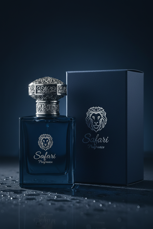 Black Musk Noir navy blue vintage apothecary square perfume bottle with Safari Fragrance branding