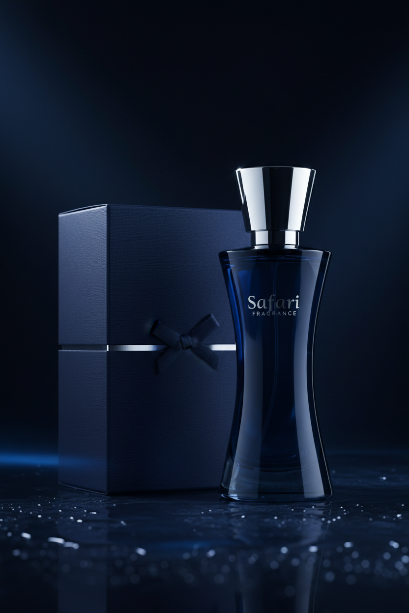 White Jasmine Dew navy blue hourglass perfume bottle with Safari Fragrance branding