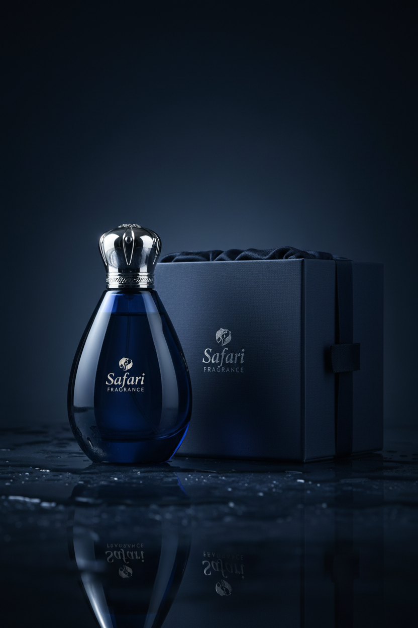 Velvet Musk Royale navy blue teardrop perfume bottle with Safari Fragrance branding