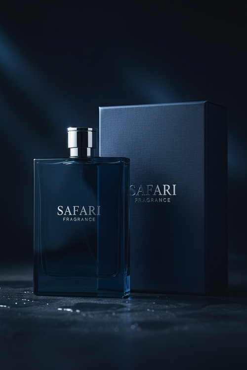 Sandalwood Mysore Attar navy blue flat flask perfume bottle with Safari Fragrance branding