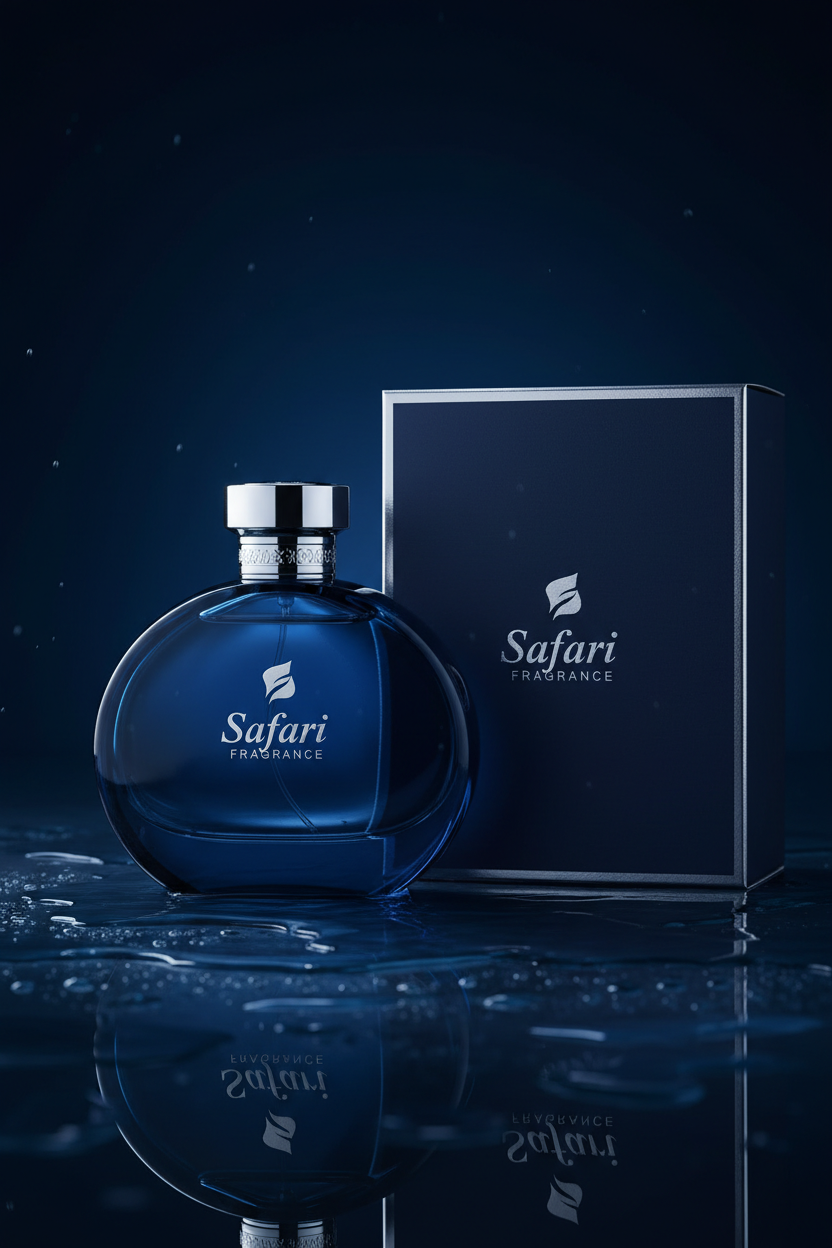 Oud Al Shams navy blue wide disc perfume bottle with Safari Fragrance branding