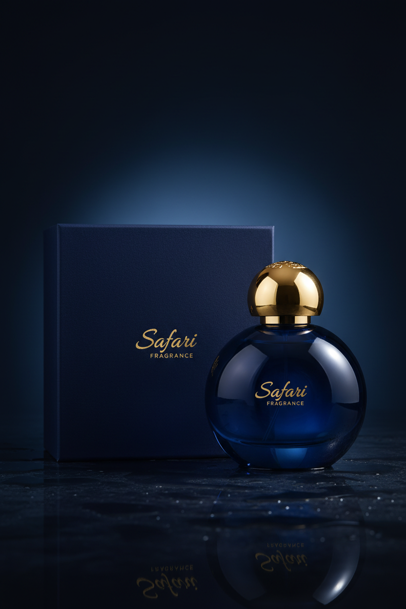 Rose Taif Attar navy blue round sphere perfume bottle with Safari Fragrance branding