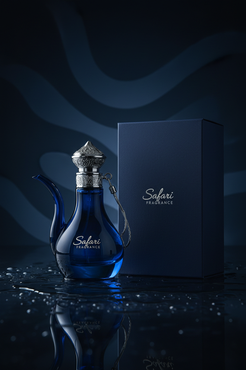 Midnight Oud Intense navy blue Arabic dallah-inspired perfume bottle with Safari Fragrance branding