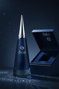 Saffron Oud Royal navy blue pyramid perfume bottle with Safari Fragrance branding